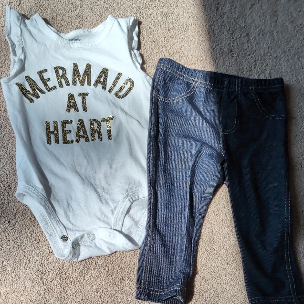 Carter's White Baby Onesie With Pants Mermaid At Heart In Gold Sequin